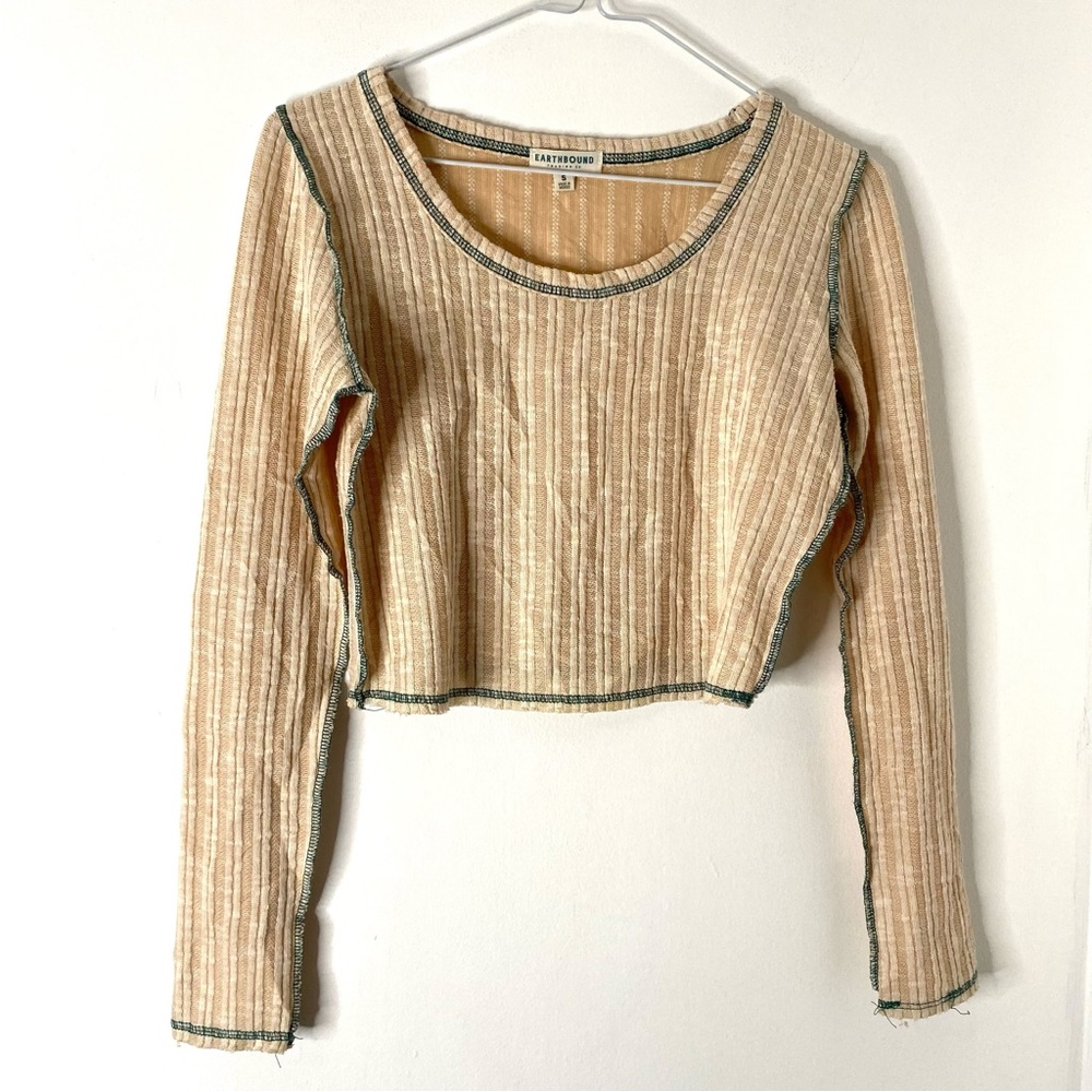 Cream Boho Knit Sweater Contrast Stitch Lightweight Ribbed Earthbound Trading Co